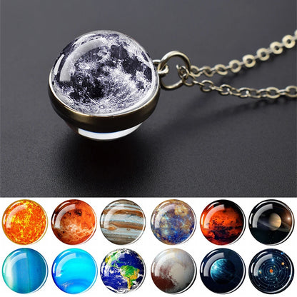 Solar system Two-sided Glass Ball Pendant Necklace For Men & Women