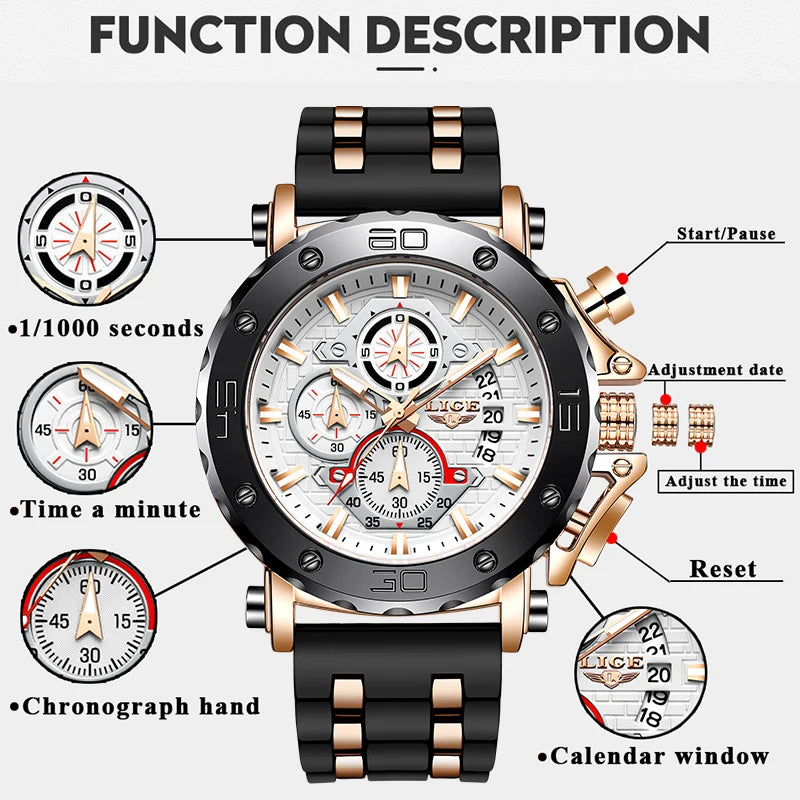 LIGE Quality Luxury Chronograph Stainless Steel/Leather strap Men Watch - Quartz Clockwork, Date With Box