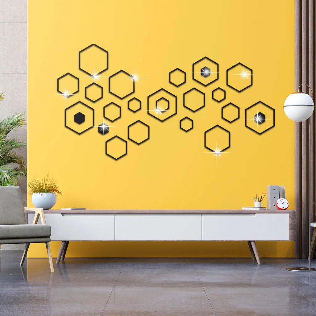 24pcs Hollow 3D Hexagonal Mirror Wall Sticker DIY Honeycomb Decoration Self Adhesive Paper Waterproof