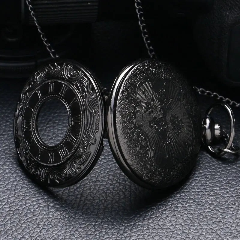 Wecin Vintage Black Roman Number Quartz Steampunk Pocket Watch