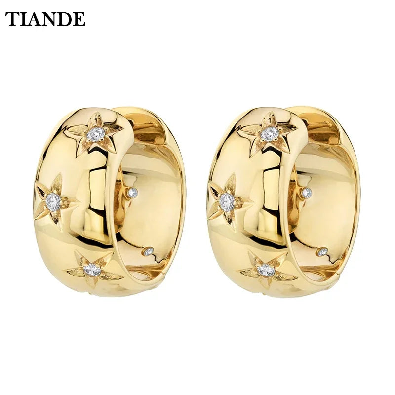 TIANDE Pair (2) Gold Or Silver Color Big Hoop Earrings With Fine Zircon Stars