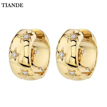 TIANDE Pair (2) Gold Or Silver Color Big Hoop Earrings With Fine Zircon Stars