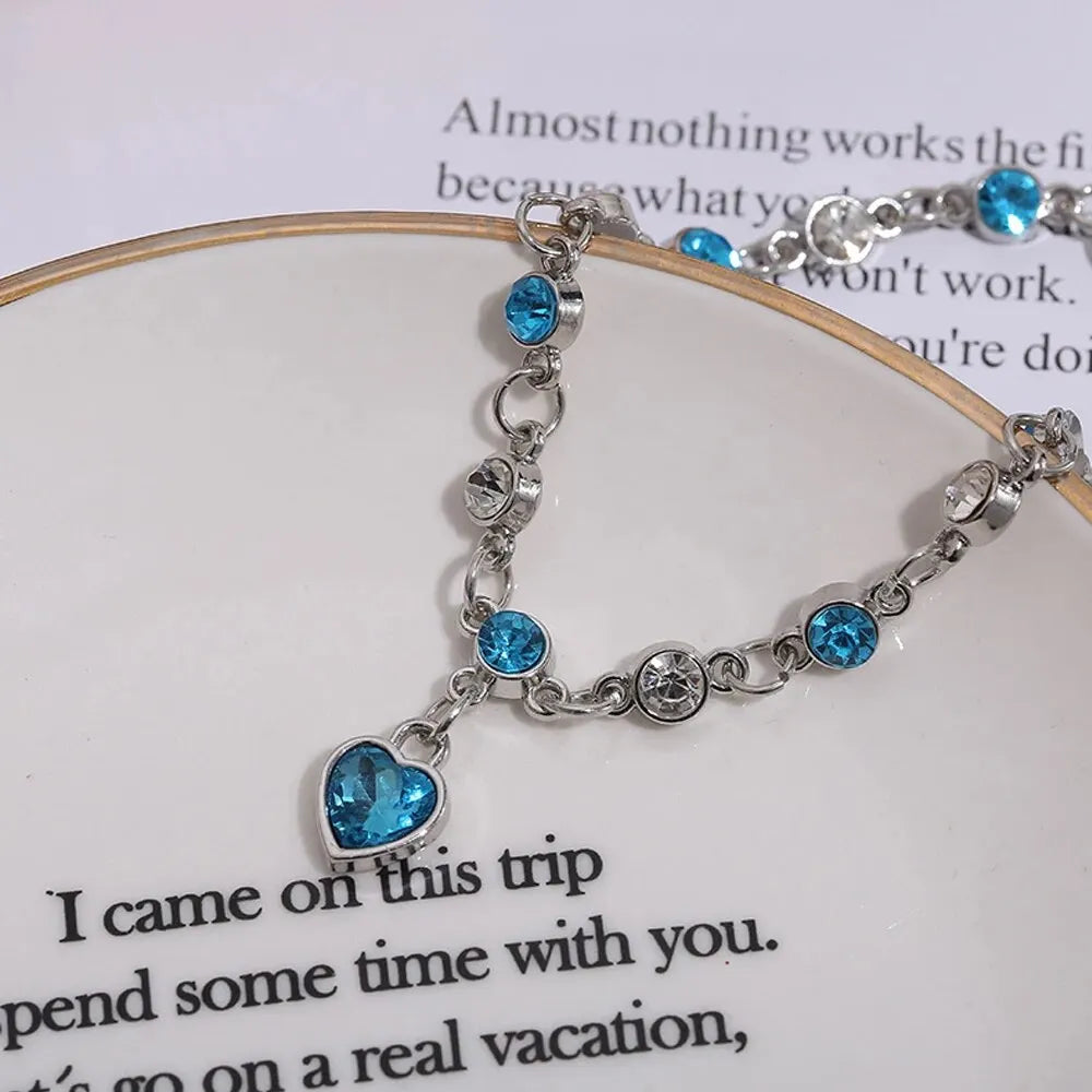 Silver Color Lucky Bracelet With Blue Crystal Heart Charm for Women