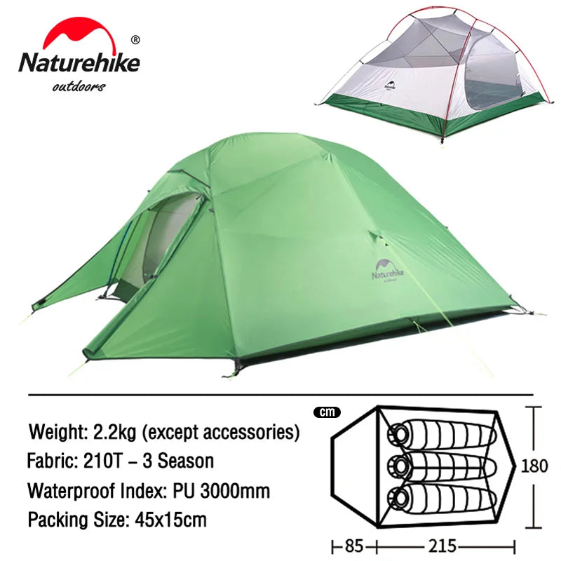 Naturehike Cloud Up 3 People Tent Ultralight 20D Waterproof Outdoor Camping Hiking Travel Tents Backpacking Cycling Sun Shelter