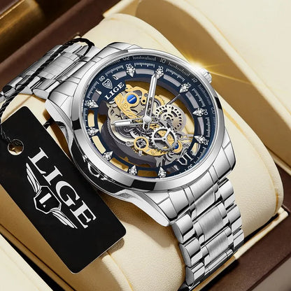 LIGE Quality Luxury Stainless Steel Skeleton Quartz Watch Gold