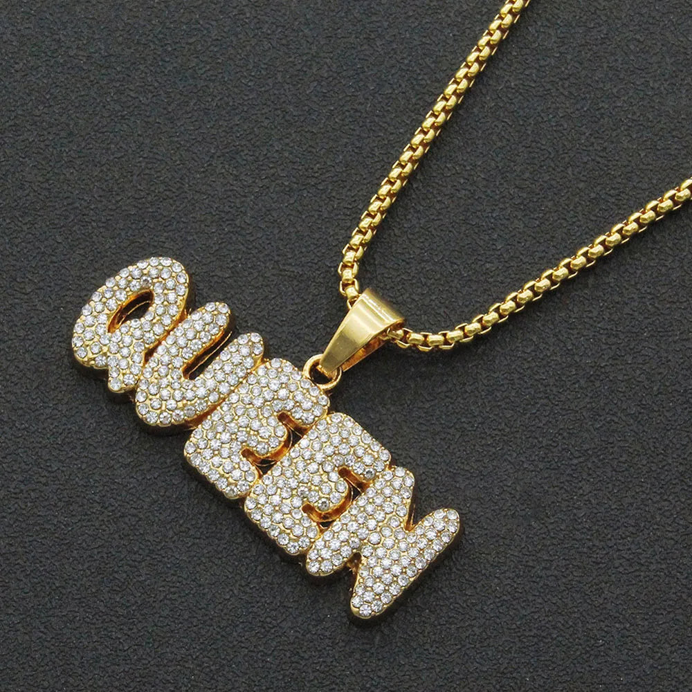 Yuzz Iced Out Queen Letter Pendant & Cuban Chain Necklace