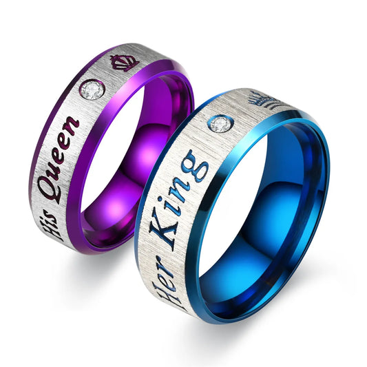 Fashion Stainless Steel Couple King & Queen With Zircon Rings