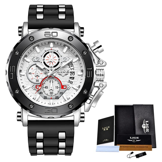 LIGE Quality Luxury Chronograph Stainless Steel/Leather strap Men Watch - Quartz Clockwork, Date With Box