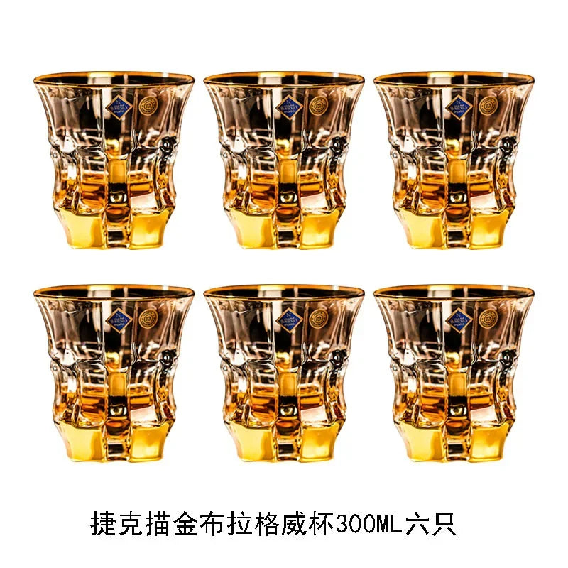 Household Crystal Glass Whiskey Wine Cup and Bottle Set Light Luxury Gold Painting High End Wine Utensils Bar Wine Glass Set