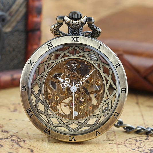 YISUYA Luxurious & Elegant Steampunk Style Glass Transparent Hand Wind Mechanical Pocket Watch with Chain