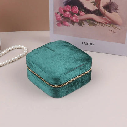 Small Square Portable Flannelette Travel Jewelry Box In Pink. Green, Blue, Light Blue, Red & Grey