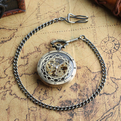 YISUYA Luxurious & Elegant Steampunk Style Glass Transparent Hand Wind Mechanical Pocket Watch with Chain