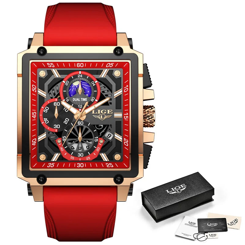 LIGE Quality Luxury Hollow Square Watch For Men with Silicone Strap - Waterproof, Quartz Clockwork+Box