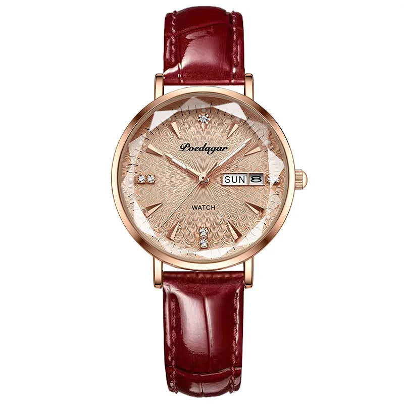 POEDAGAR Exquisite Ladies Luxury Watch - Ultra-thin, Leather Belt, Waterproof, Luminous, Quartz Clockwork, Date + Box