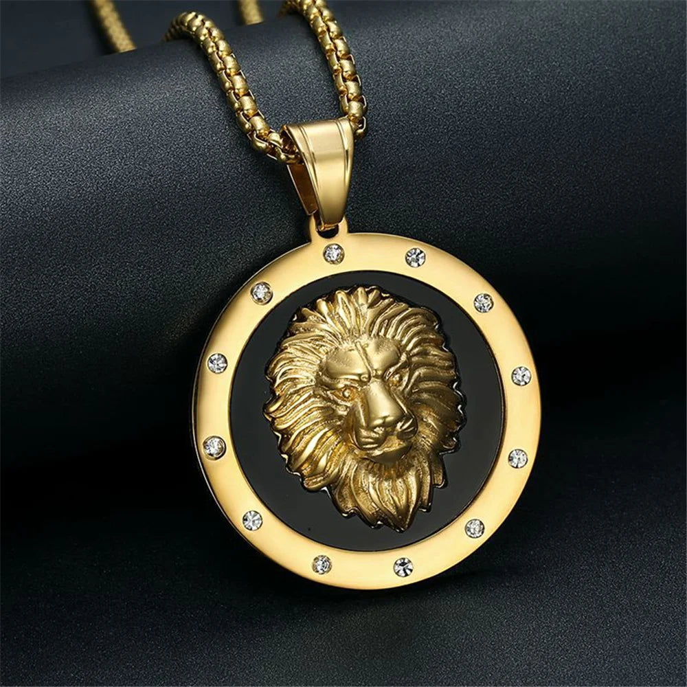 Lion Head Iced Out Pendant With Gold Color Stainless Steel Chain