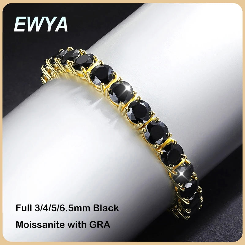 EWYA Real 3/4/5/6.5MM Black Moissanite Diamond Tennis Bracelet for Men & Women - 925 Silver Plated, 18K Gold Link Bracelets