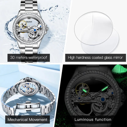 OLEVS Luxury Silver Fully Hollow Out Mechanical Watch for with Diamond