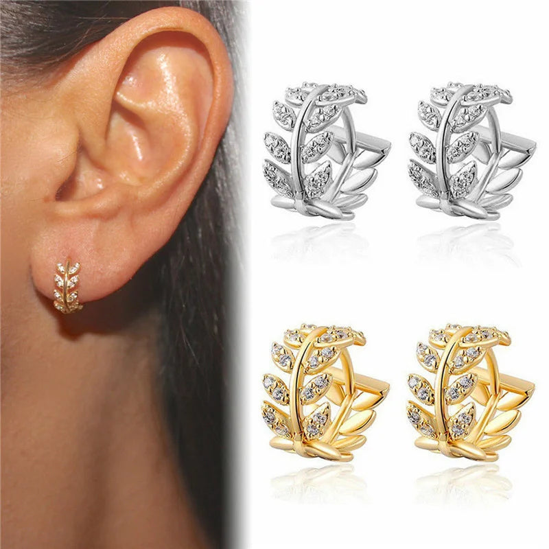 Multiple Style Delicate Leaf Ear Ring with Shiny CZ for Women Silver & Gold Colour