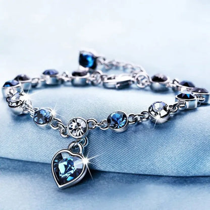 Silver Color Lucky Bracelet With Blue Crystal Heart Charm for Women