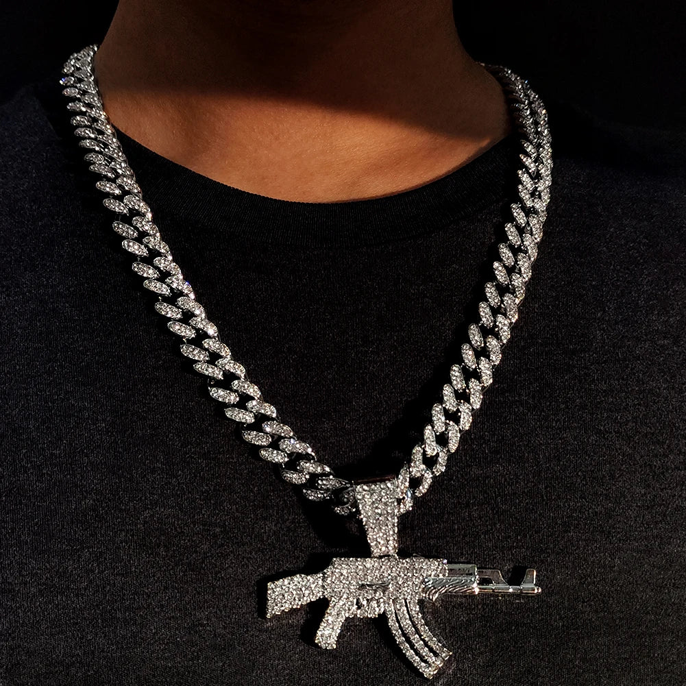 ESTRELLADEMAR Iced Out Crystal AK47 Gun Pendant With Chain Or Cuban Necklace