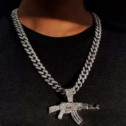 ESTRELLADEMAR Iced Out Crystal AK47 Gun Pendant With Chain Or Cuban Necklace