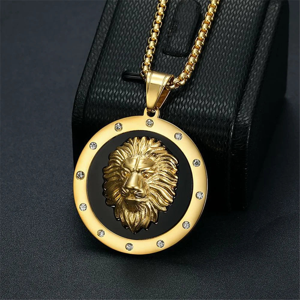 Lion Head Iced Out Pendant With Gold Color Stainless Steel Chain