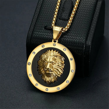 Lion Head Iced Out Pendant With Gold Color Stainless Steel Chain