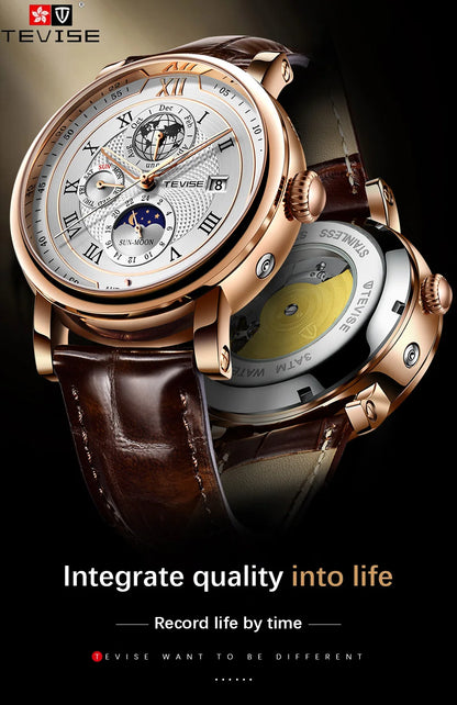 LIGE TW8820 Quality Luxurious Mechanical Leather Belt Watch Waterproof Mechanical - Moon Phase And Automatic With Box