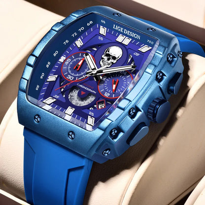 LIGE Quality Luxurious Chronograph Skull watch with Silicone Strap - Luminous, Chronograph, Quartz Clockwork With Box