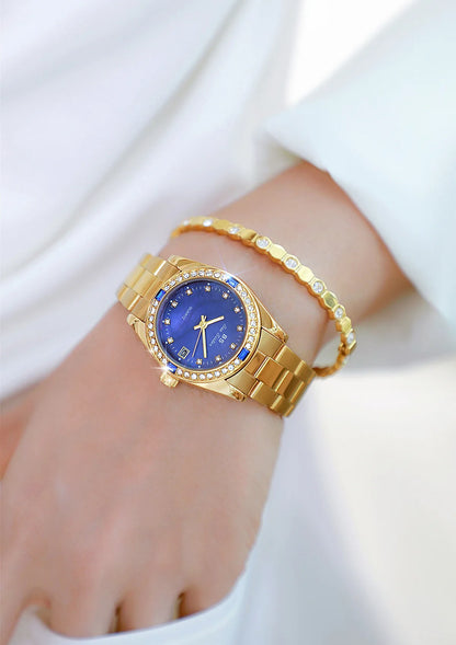 Brand Watch for Women Luxury style Gold/Blue/Green Rhinestone And Waterproof With Steel Strap In Box