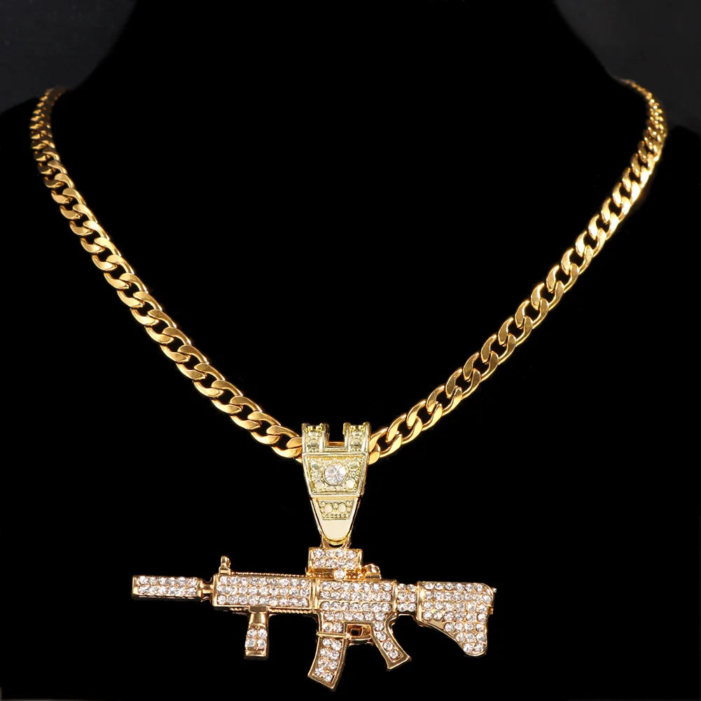 PEZDEMAR Iced Out Crystal M16 Gun Pendant With Chain Or Cuban Necklace