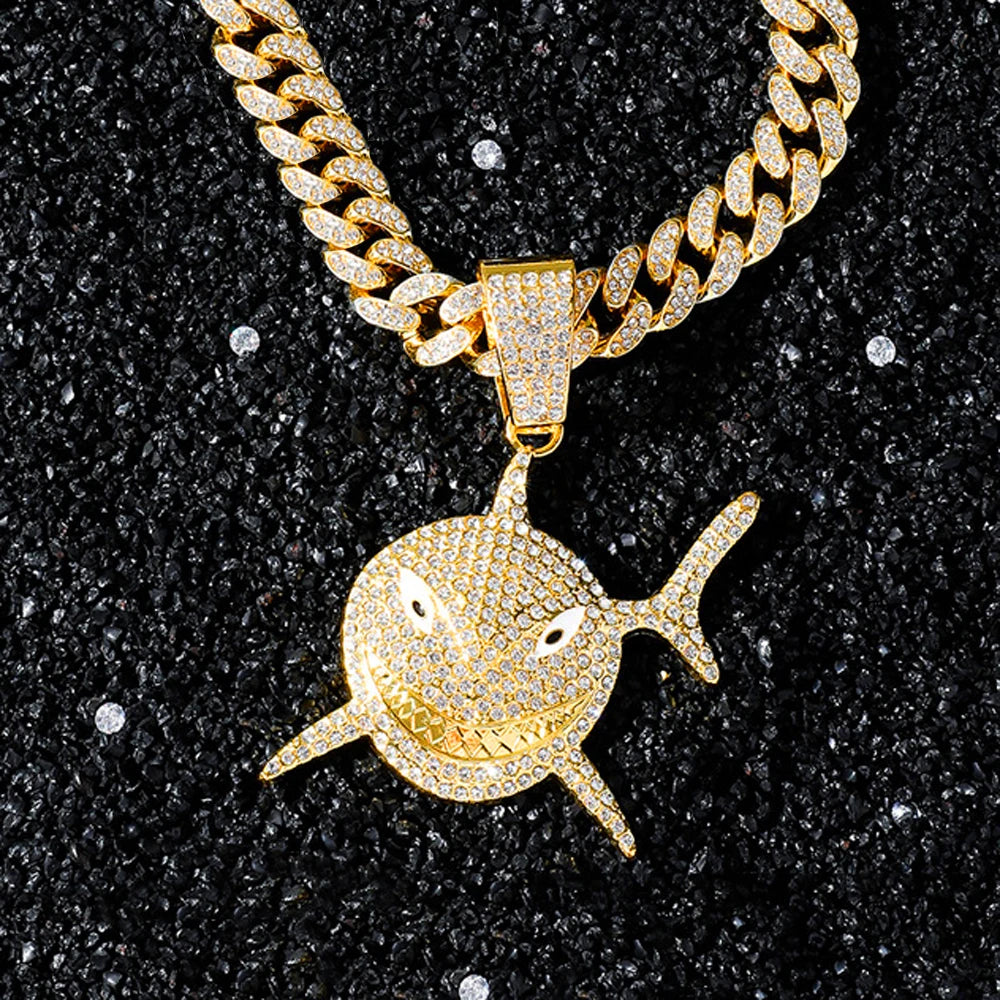 Big Size Shark Iced Out Pendant With 13mm Rhinestone Necklace