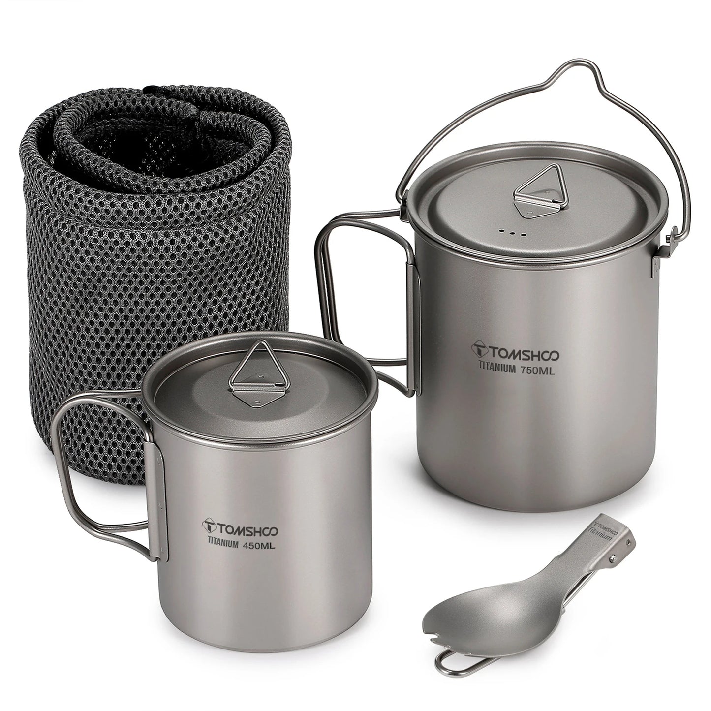 Tomshoo 3 PCS Outdoor Ultralight Titanium Cookware Set 750ml Pot & 450ml Water Cup Mug