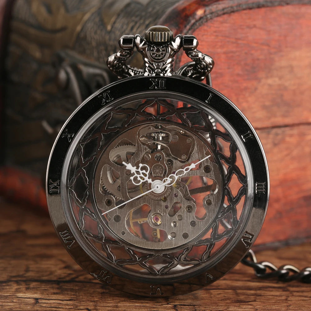 YISUYA Luxurious & Elegant Steampunk Style Glass Transparent Hand Wind Mechanical Pocket Watch with Chain