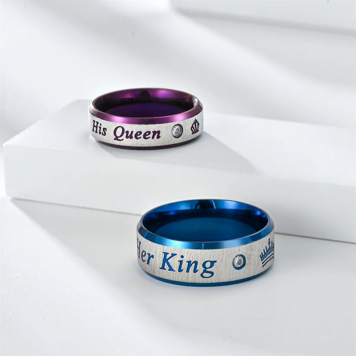 Fashion Stainless Steel Couple King & Queen With Zircon Rings