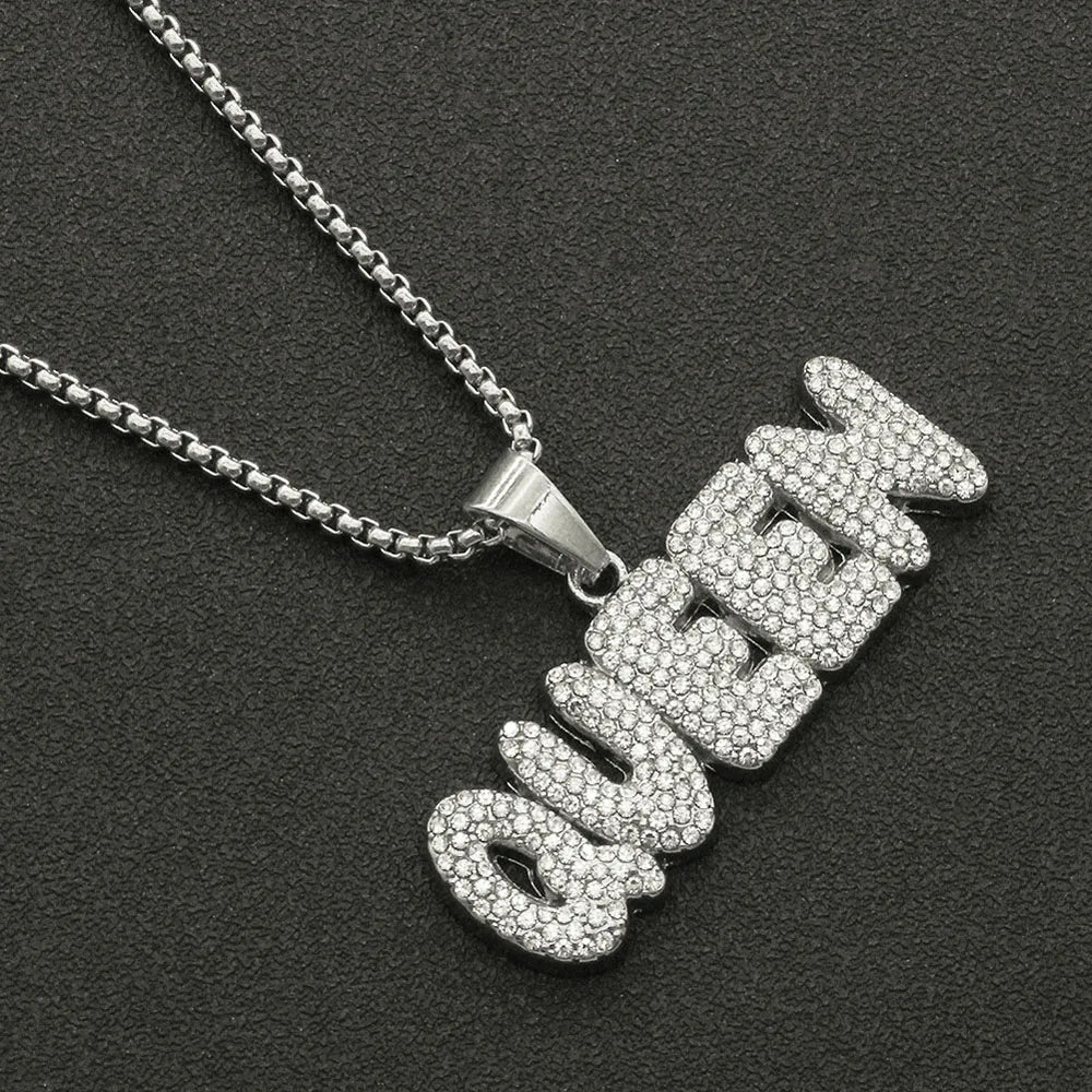 Yuzz Iced Out Queen Letter Pendant & Cuban Chain Necklace