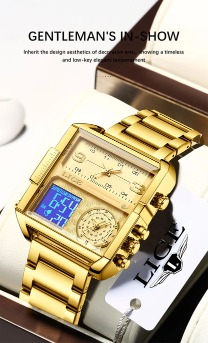 LIGE Quality Luxury Stainless Steel Gold Watch - Quartz Clockwork, Waterproof, Dual Display With Box