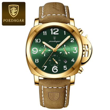 POEDAGAR Luxury Leather Chronograph Quartz Watch - Luminous, Waterproof, Date And Box