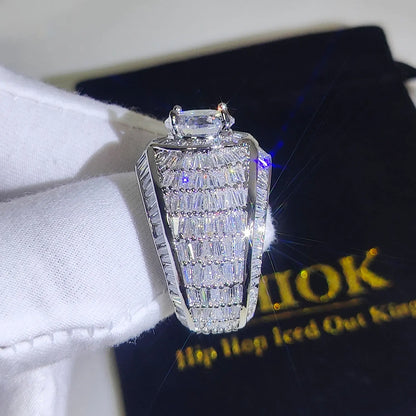 Luxury Iced Out Lab Silver/18k Simulated Big Diamond Micro Pave CZ Pinky Ring