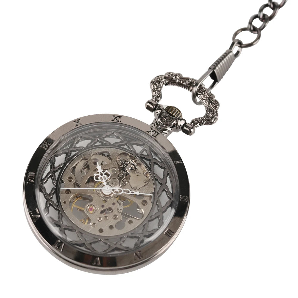 YISUYA Luxurious & Elegant Steampunk Style Glass Transparent Hand Wind Mechanical Pocket Watch with Chain