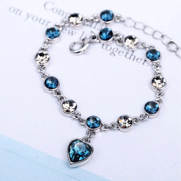 Silver Color Lucky Bracelet With Blue Crystal Heart Charm for Women