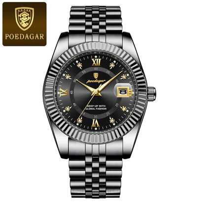 POEDAGAR Luxury style Stainless Steel Quartz Wrist Watch - Waterproof, Luminous, Date And Box