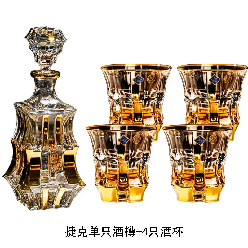 Household Crystal Glass Whiskey Wine Cup and Bottle Set Light Luxury Gold Painting High End Wine Utensils Bar Wine Glass Set