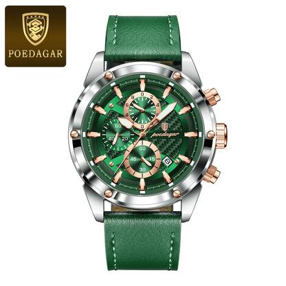 POEDAGAR Luxury Leather Band Quartz Chronograph Watch - Waterproof, Luminous, Date And Box