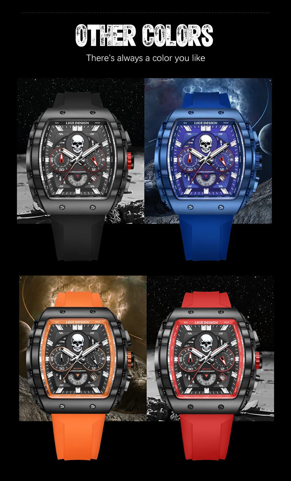 LIGE Quality Luxurious Chronograph Skull watch with Silicone Strap - Luminous, Chronograph, Quartz Clockwork With Box