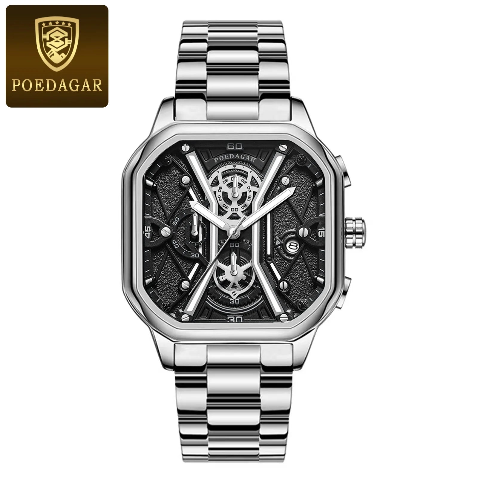 POEDAGAR Luxury Stainless Steel & Leather Chronograph Quartz Watch - Luminous, Waterproof, Date And Box