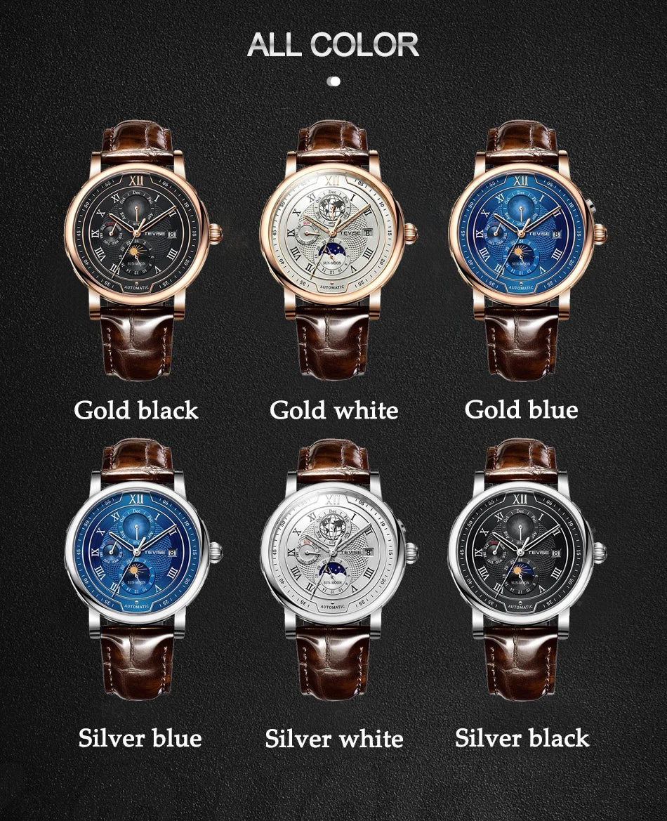 LIGE TW8820 Quality Luxurious Mechanical Leather Belt Watch Waterproof Mechanical - Moon Phase And Automatic With Box