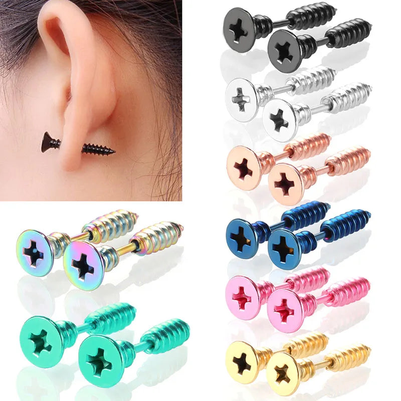 1Pair Punk Fashion Colorful Stainless Steel Screw Stud Earring