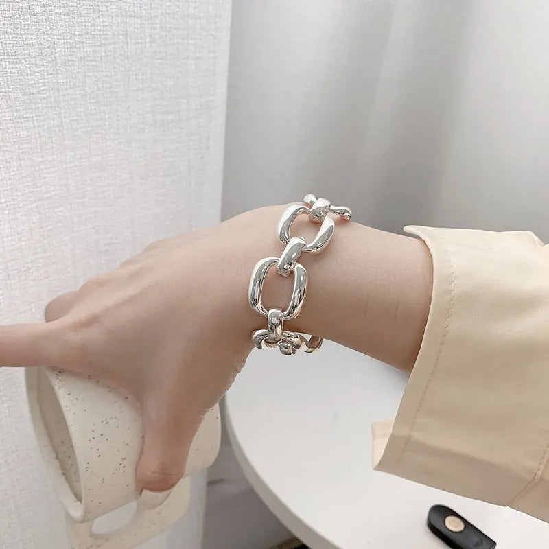 Silver Thick Hollow Chain Bracelet for Women - 925 Sterling