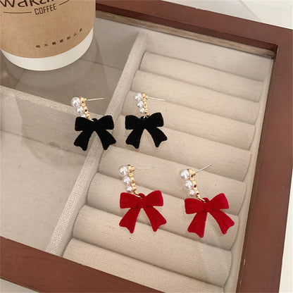 Lea Seoul Red & Black Cloth Bowtie With Pearl Earrings